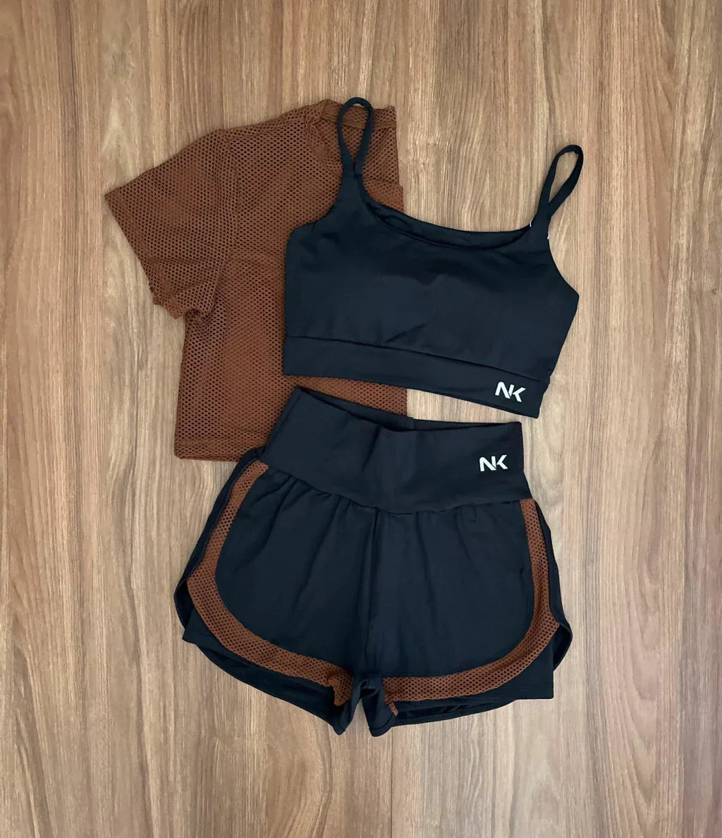 Conjunto 3 Peças Short Duplo + Cropped e Top - Frete Grátis