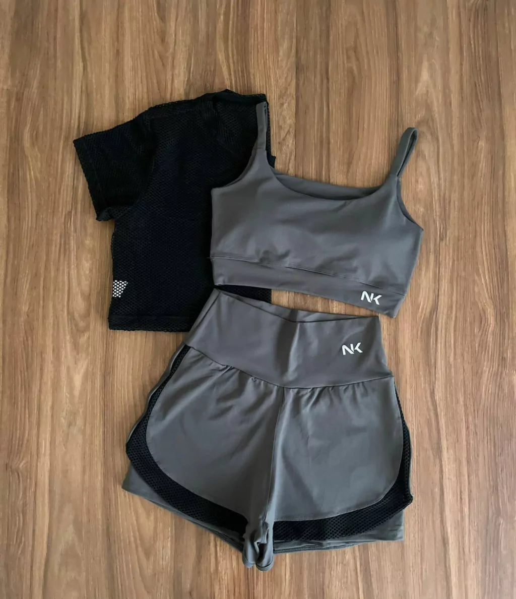 Conjunto 3 Peças Short Duplo + Cropped e Top - Frete Grátis