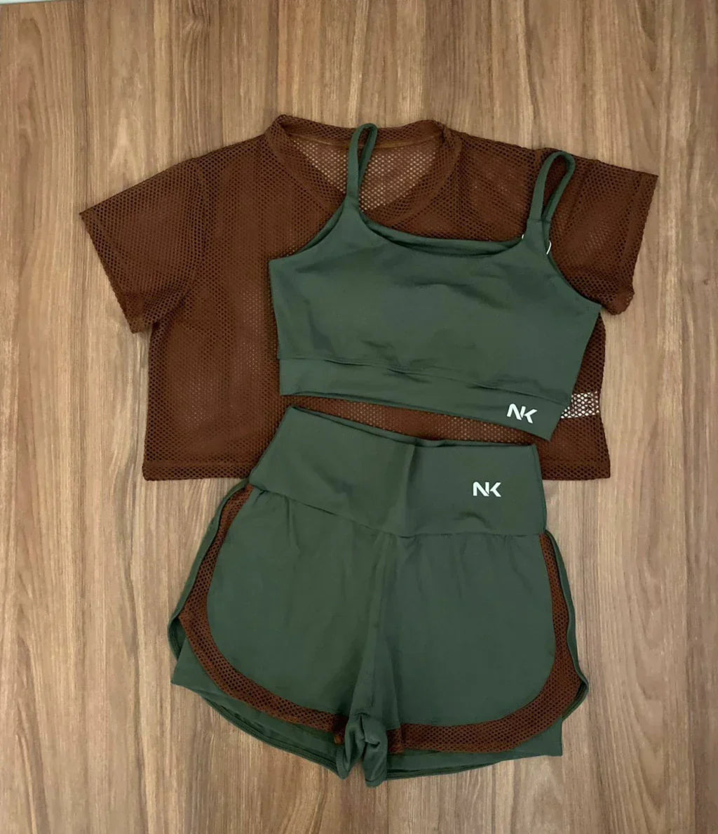 Conjunto 3 Peças Short Duplo + Cropped e Top - Frete Grátis