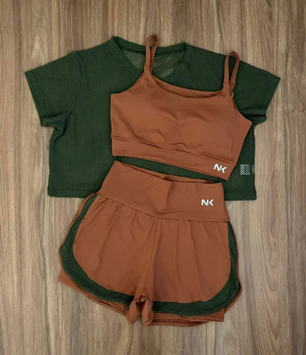 Conjunto 3 Peças Short Duplo + Cropped e Top - Frete Grátis