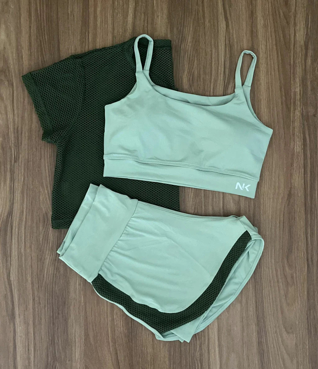 Conjunto 3 Peças Short Duplo + Cropped e Top - Frete Grátis