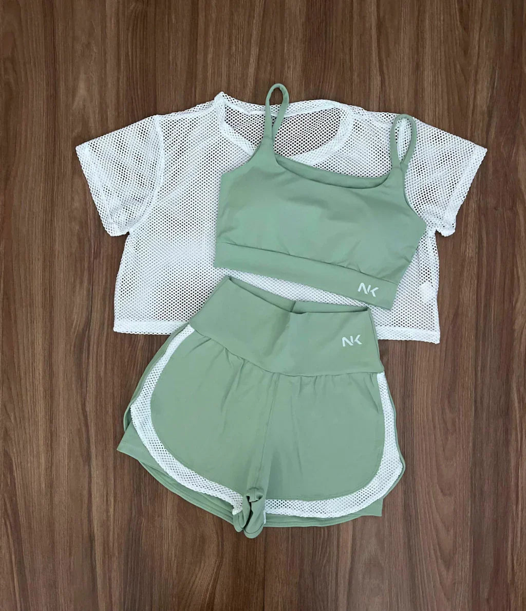 Conjunto 3 Peças Short Duplo + Cropped e Top - Frete Grátis