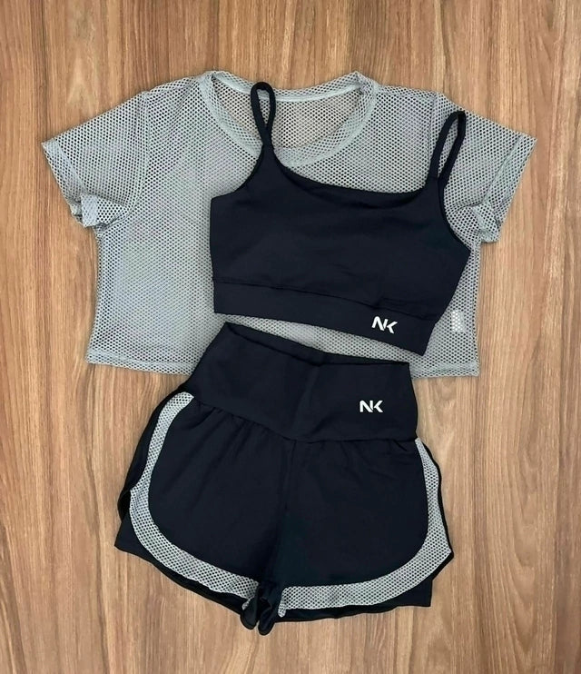 Conjunto 3 Peças Short Duplo + Cropped e Top - Frete Grátis