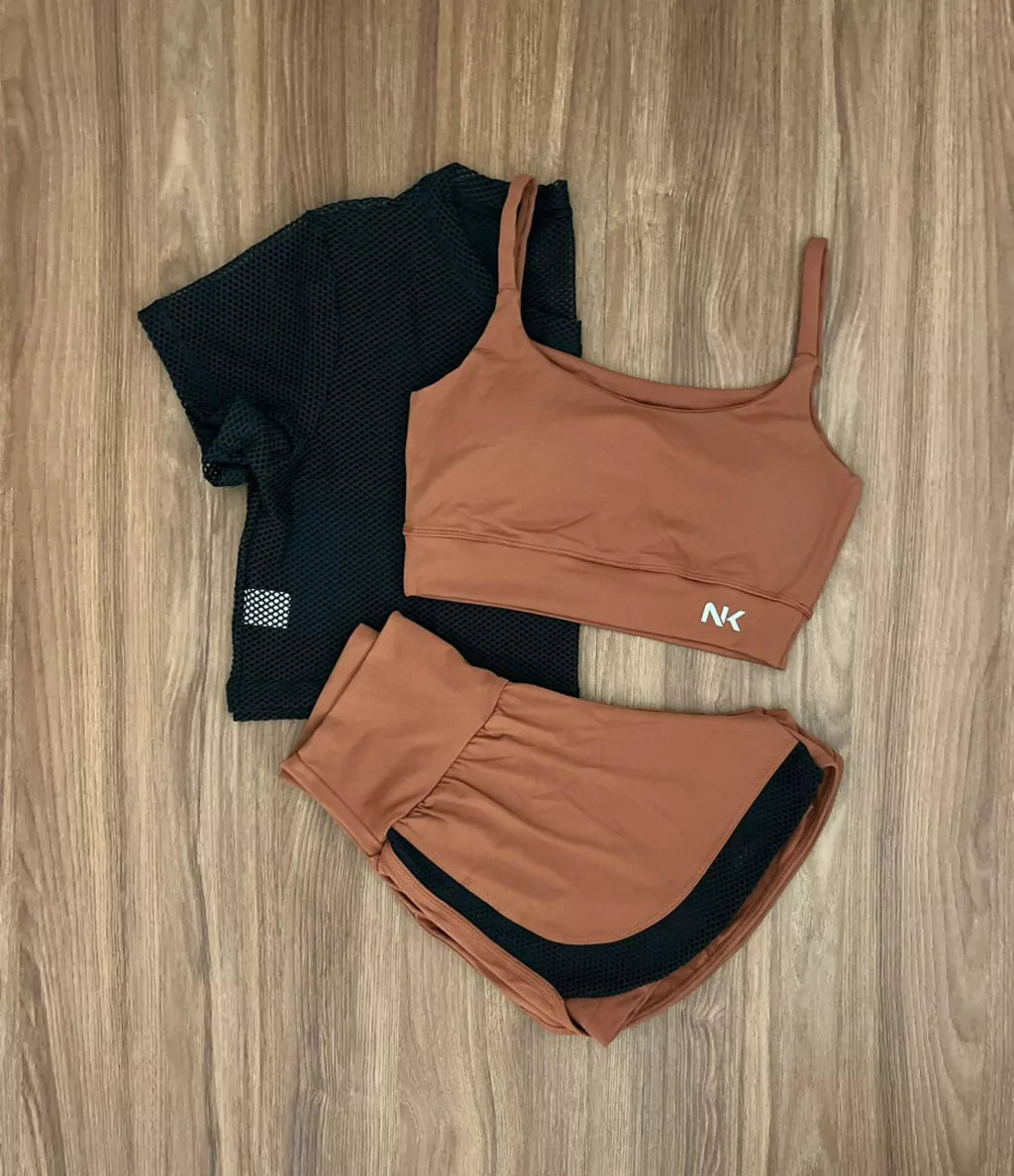Conjunto 3 Peças Short Duplo + Cropped e Top - Frete Grátis