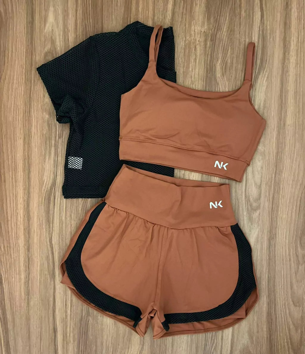 Conjunto 3 Peças Short Duplo + Cropped e Top - Frete Grátis