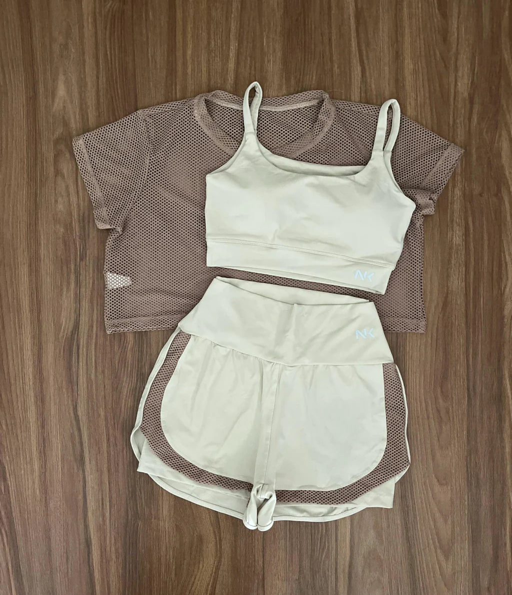 Conjunto 3 Peças Short Duplo + Cropped e Top - Frete Grátis