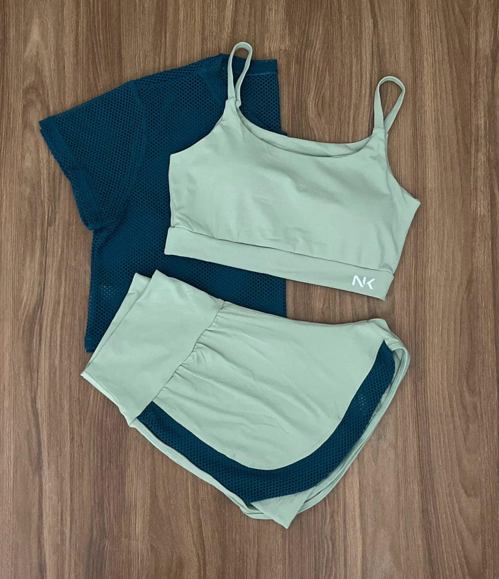 Conjunto 3 Peças Short Duplo + Cropped e Top - Frete Grátis