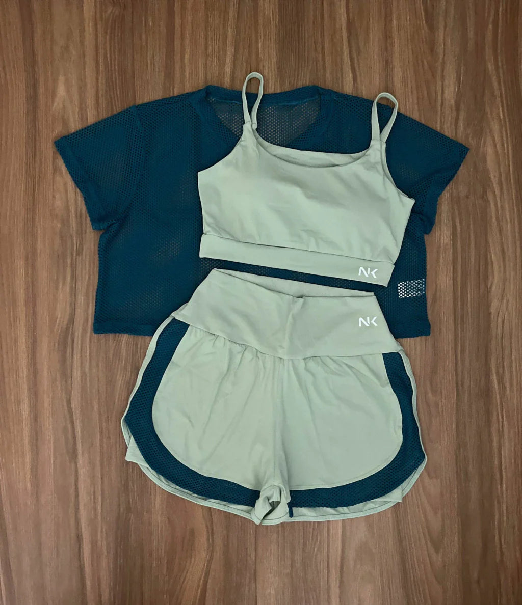 Conjunto 3 Peças Short Duplo + Cropped e Top - Frete Grátis