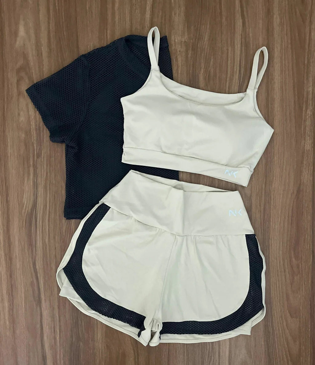 Conjunto 3 Peças Short Duplo + Cropped e Top - Frete Grátis