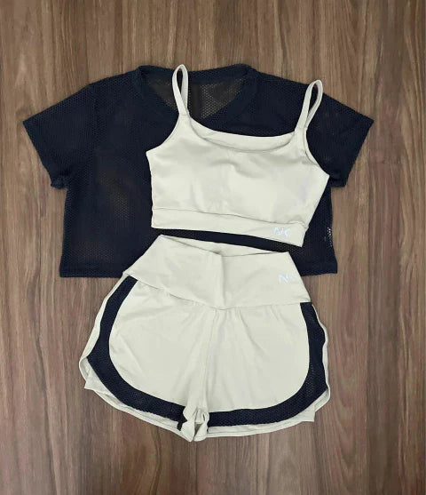 Conjunto 3 Peças Short Duplo + Cropped e Top - Frete Grátis