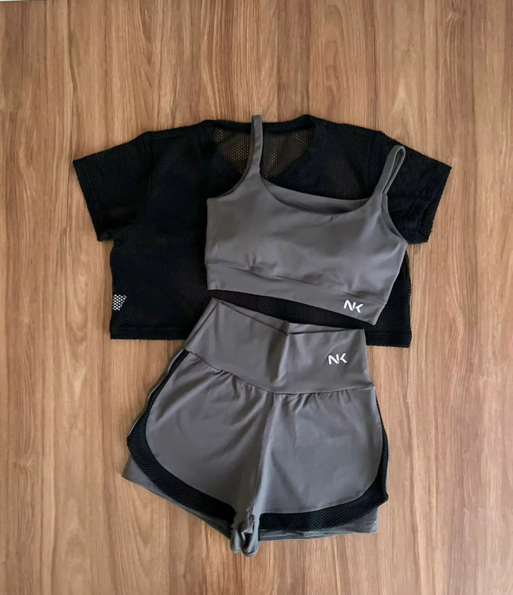 Conjunto 3 Peças Short Duplo  + Cropped e Top - Frete Grátis