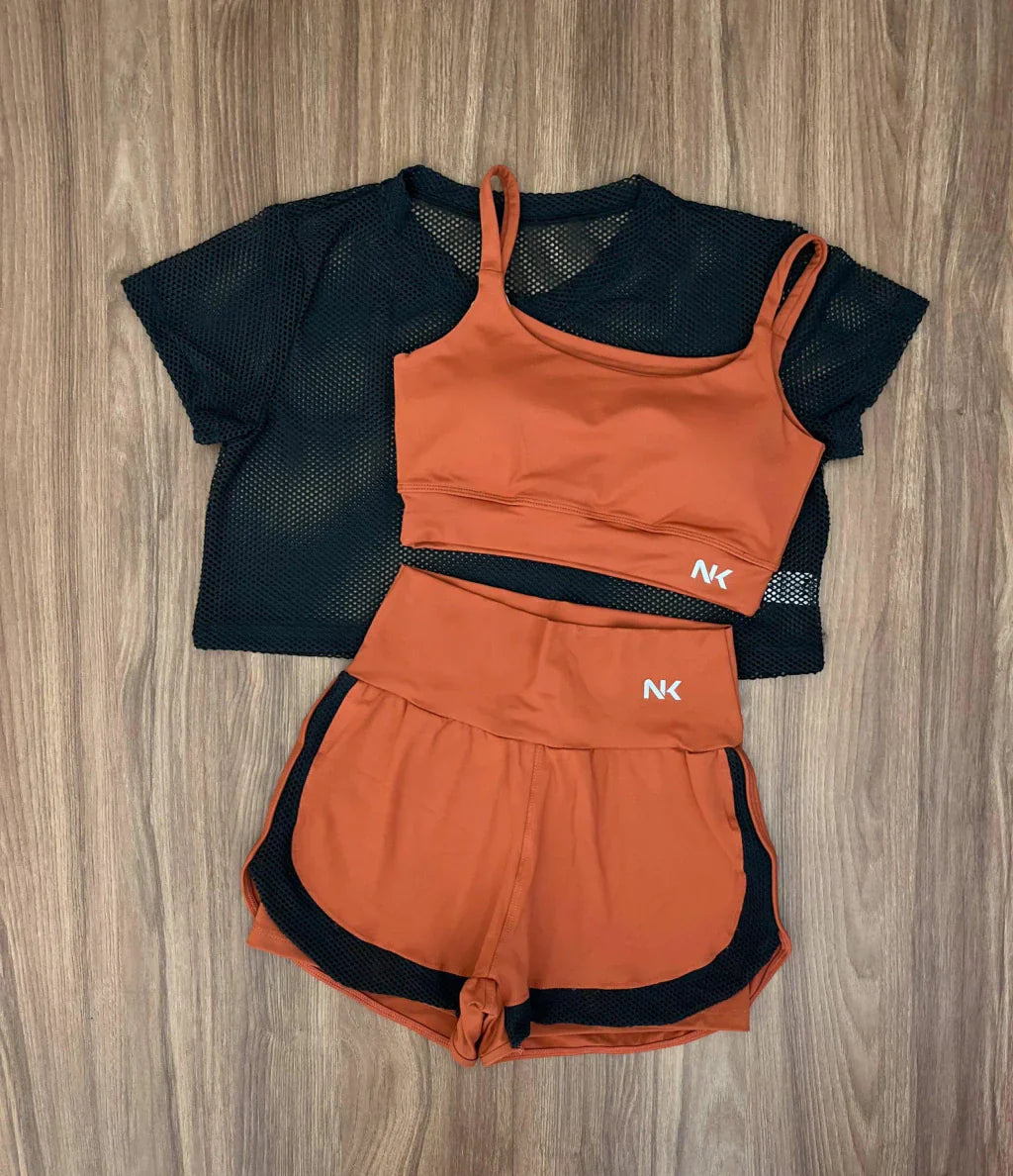 Conjunto 3 Peças Short Duplo  + Cropped e Top - Frete Grátis