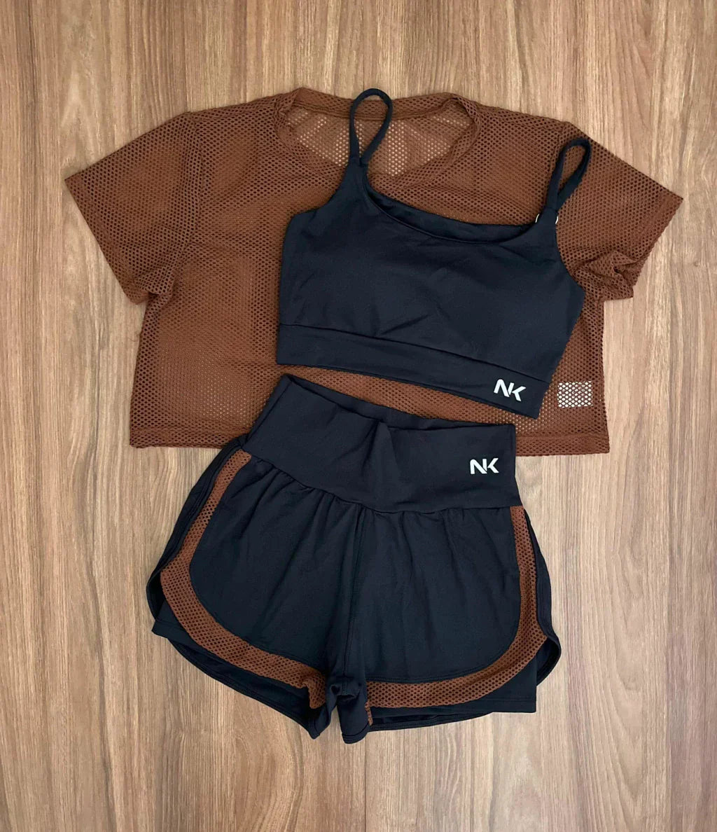 Conjunto 3 Peças Short Duplo  + Cropped e Top - Frete Grátis