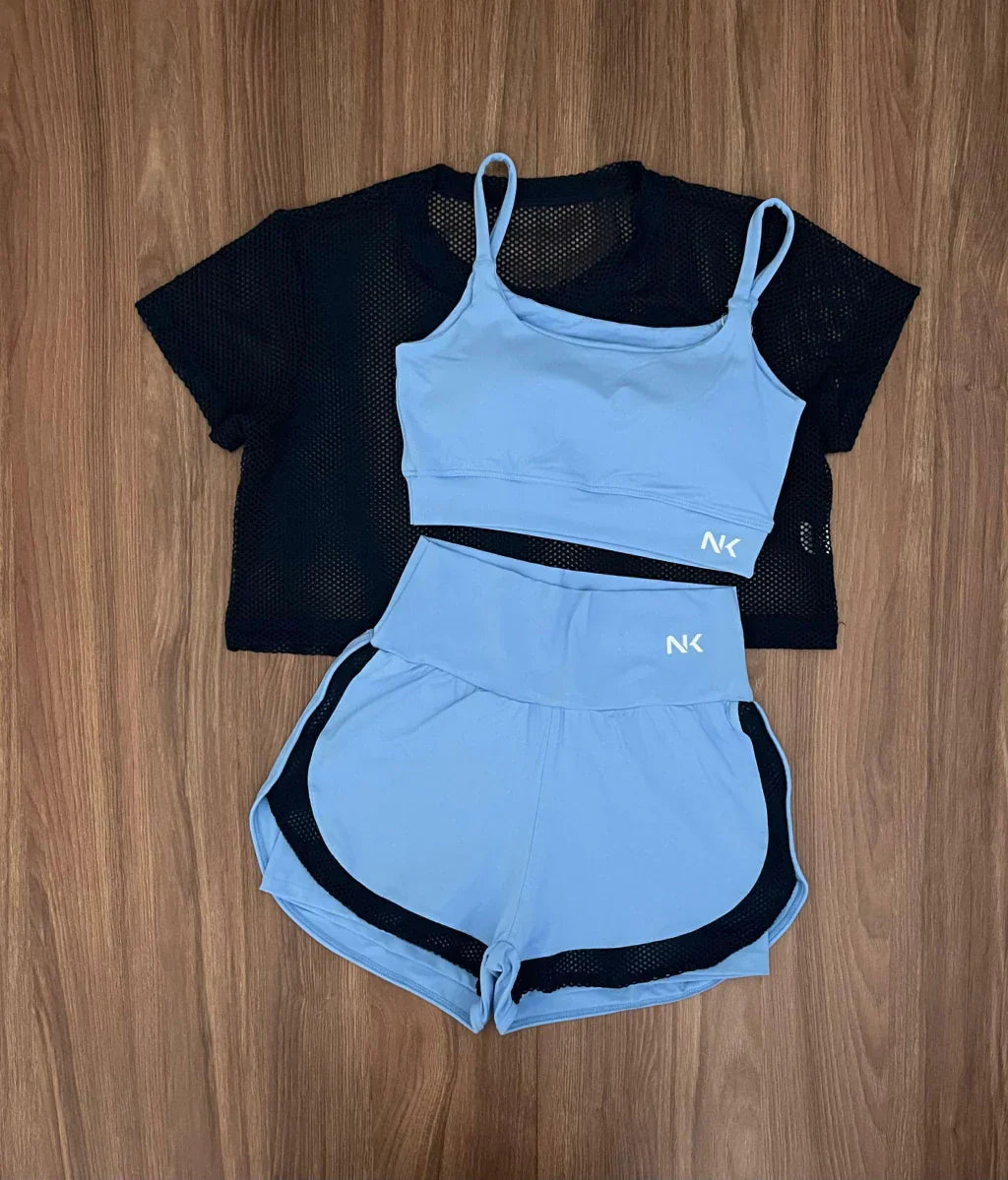Conjunto 3 Peças Short Duplo  + Cropped e Top - Frete Grátis